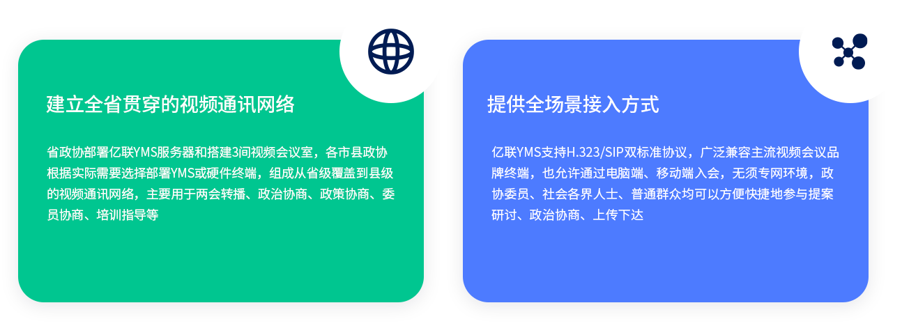 建设全省贯串的视频通讯网络 省政协安排z6尊龙官方网站登录入口YMS服务器和搭建3间视频聚会室，各市县政协凭证现实需要选择安排YMS或硬件终端，组成从省级笼罩到县级的视频通讯网络，主要用于两会转播、政治协商、政策协商、委员协商、培训指导等。 提供全场景接入方法 z6尊龙官方网站登录入口YMS支持H.323/SIP双标准协议，普遍兼容主流视频聚会品牌终端，也允许通过电脑端、移动端入会，无须专网情形，政协委员、社会各界人士、通俗群众均可以利便快捷地加入提案钻研、政治协商、上传下达。 