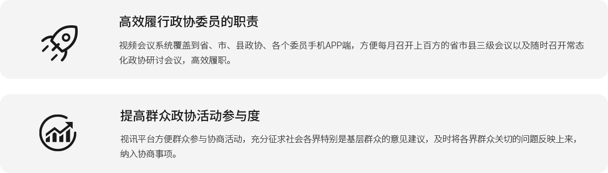 高效推行政协委员的职责 视频聚会舷笼罩到省、市、县政协、各个委员手机APP端，利便每月召开上百方的省市县三级聚会以及随时召开常态化政协钻研聚会，高效履职。 提高群众政协活动加入度 视讯平台利便群众加入协商活动，充分征求社会各界特殊是下层群众的意见建议，实时将各界群众关切的问题反应上来，纳入协商事项。